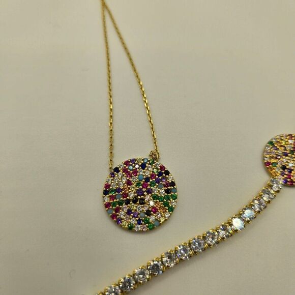 Gold Tone Necklace Bracelet Set Multi Rainbow Crystal Accents 925 Sterling Silve - Picture 4 of 7